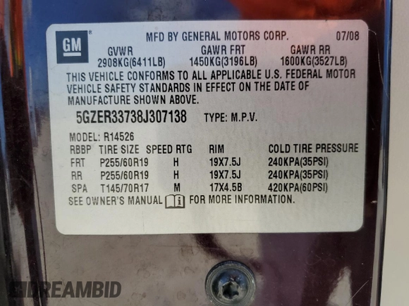 2008 Saturn Outlook XR z VIN 5GZER33738J307138, wystawiony jako Copart lot #72148844 z przebiegiem 189 173 mil mil oraz Szkoda całkowita • Salvage title. Historia ofert i sprzedaży dostępna na DreamBid. Obrazek 13.