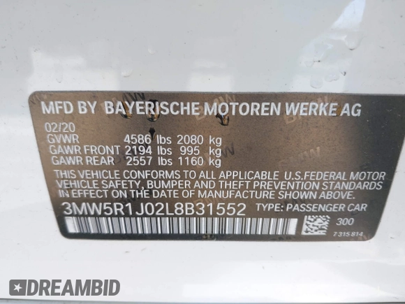2020 BMW 3 Series 330i with VIN 3MW5R1J02L8B31552, listed as a IAAI auction lot 41760488 with 32,918 mi miles. Bid and sale history available at carsss.com. Image 9.