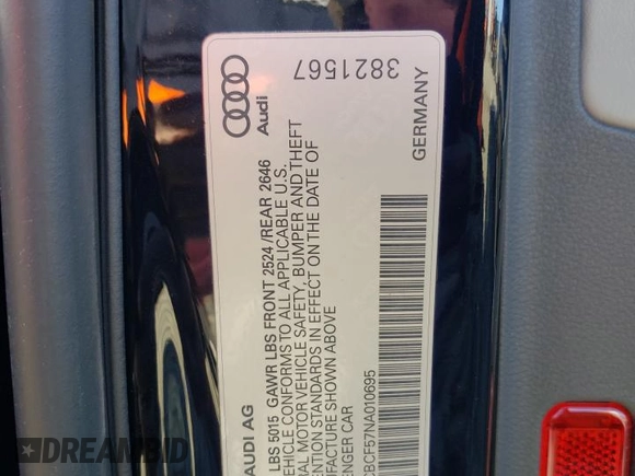 2022 Audi A5 Sportback Premium Plus with VIN WAUCBCF57NA010695, listed as a Copart auction lot 75542543 with 0 mi miles. Bid and sale history available at carsss.com. Image 13.