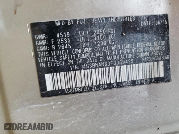 2015 Subaru Legacy Limited с VIN 4S3BNAN63F3069429, выставлен на аукционе Copart как лот 54434925 с пробегом 85 653 миль миль и Списание • Salvage title. История ставок и продаж доступна на DreamBid. Изображение 13.