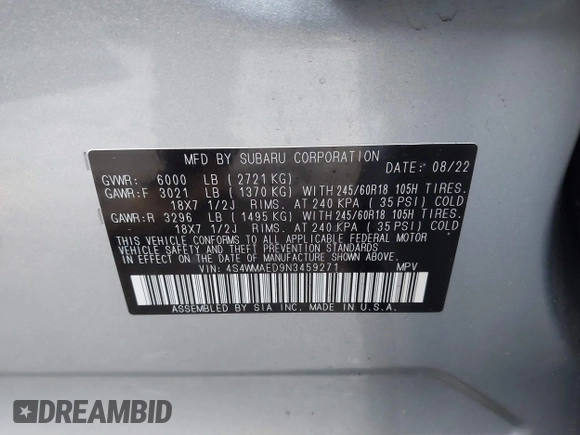 2022 Subaru Ascent Premium z VIN 4S4WMAED9N3459271, wystawiony jako IAAI lot #41741910 z przebiegiem 26 121 mil mil oraz . Historia ofert i sprzedaży dostępna na DreamBid. Obrazek 9.