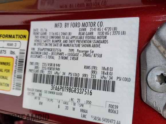 2016 Ford Fusion SE with VIN 3FA6P0T98GR337516, listed as a Copart auction lot 82755884 with 91,027 mi miles and Salvage title. Bid and sale history available at DreamBid. Image 12.