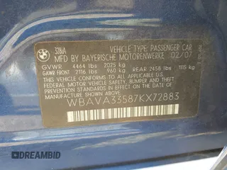 2007 BMW 3 Series 328i with VIN WBAVA33587KX72883, listed as a IAAI auction lot 42632484 with 203,514 mi miles and . Bid and sale history available at DreamBid. Image 9.