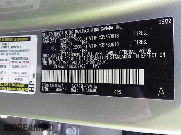 2022 Lexus NX 350 Premium with VIN 2T2GGCEZ1NC002402, listed as a IAAI auction lot 41312325 with 34,276 mi miles and . Bid and sale history available at DreamBid. Image 9.