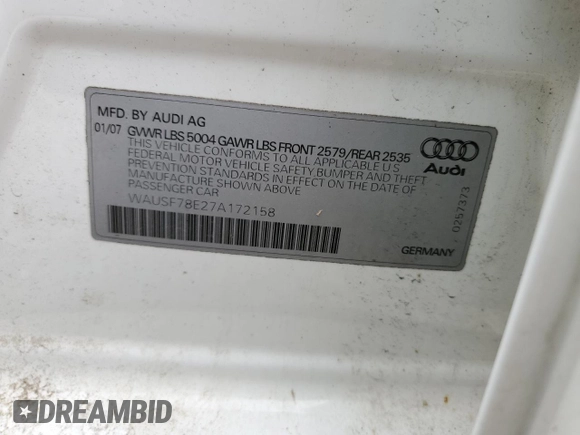 2007 Audi A4 2.0T with VIN WAUSF78E27A172158, listed as a Copart auction lot 57166835 with 217,654 mi miles and Salvage title. Bid and sale history available at DreamBid. Image 14.