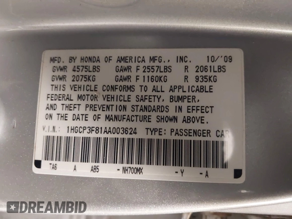 2010 Honda Accord Sdn EX-L with VIN 1HGCP3F81AA003624, listed as a IAAI auction lot 42111410 with 144,904 mi miles. Bid and sale history available at carsss.com. Image 9.