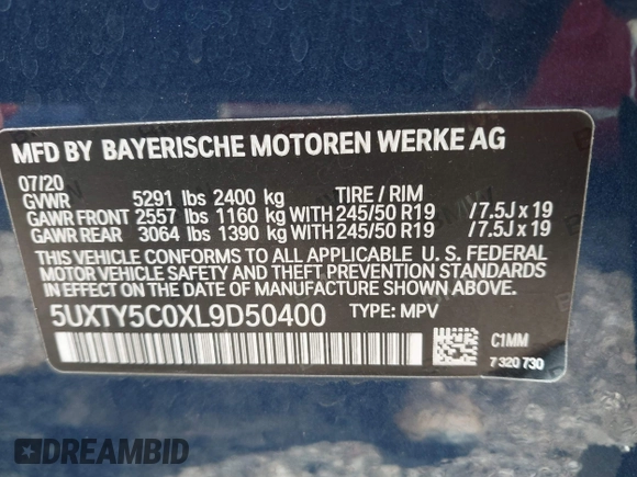 2020 BMW X3 xDrive30i z VIN 5UXTY5C0XL9D50400, wystawiony jako IAAI lot #42197545 z przebiegiem 46 467 mil mil oraz . Historia ofert i sprzedaży dostępna na DreamBid. Obrazek 9.