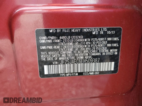 2014 Subaru Forester Premium with VIN JF2SJAEC6EH509387, listed as a Copart auction lot 61648425 with 112,653 mi miles and Salvage title. Bid and sale history available at DreamBid. Image 13.