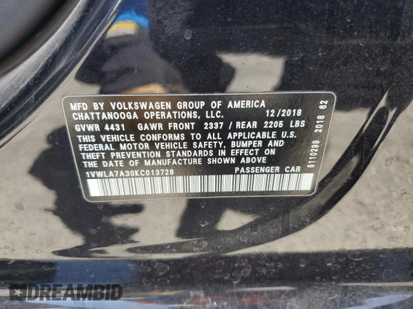2019 Volkswagen Passat Wolfsburg Edition z VIN 1VWLA7A30KC013728, wystawiony jako Copart lot #56942935 z przebiegiem 117 878 mil mil oraz Szkoda całkowita • Salvage title. Historia ofert i sprzedaży dostępna na DreamBid. Obrazek 12.