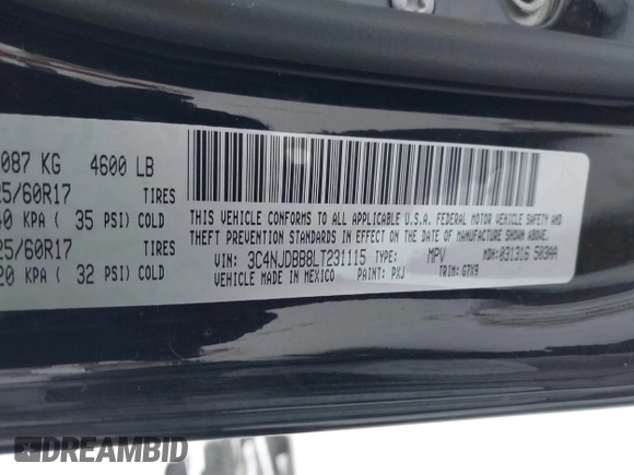 2020 Jeep Compass Latitude with VIN 3C4NJDBB8LT231115, listed as a IAAI auction lot 41254345 with 95,721 mi miles. Bid and sale history available at carsss.com. Image 9.