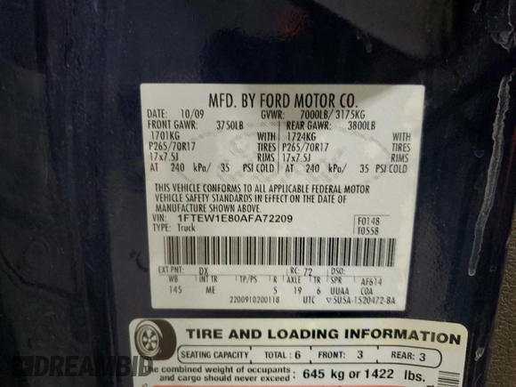 2010 Ford F-150 XL with VIN 1FTEW1E80AFA72209, listed as a Copart auction lot 59780475 with 130,618 mi miles and Clean title. Bid and sale history available at DreamBid. Image 12.