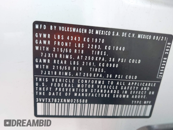2022 Volkswagen Taos SE z VIN 3VVTX7B2XNM025588, wystawiony jako IAAI lot #39670650 z przebiegiem 45 817 mil mil oraz . Historia ofert i sprzedaży dostępna na DreamBid. Obrazek 9.