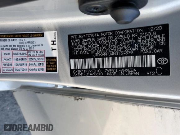 2021 Toyota Prius L Eco with VIN JTDKAMFU4M3139379, listed as a Copart auction lot 50362825 with 133,148 mi miles and Salvage Title. Bid and sale history available at DreamBid. Image 14.