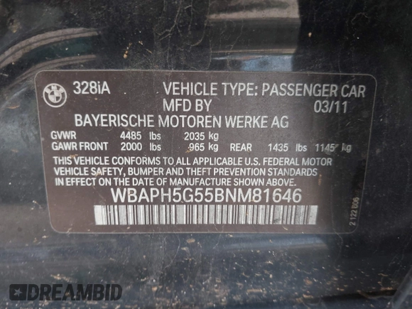 2011 BMW 3 Series 328i with VIN WBAPH5G55BNM81646, listed as a IAAI auction lot 42376059 with 116,318 mi miles and . Bid and sale history available at DreamBid. Image 9.