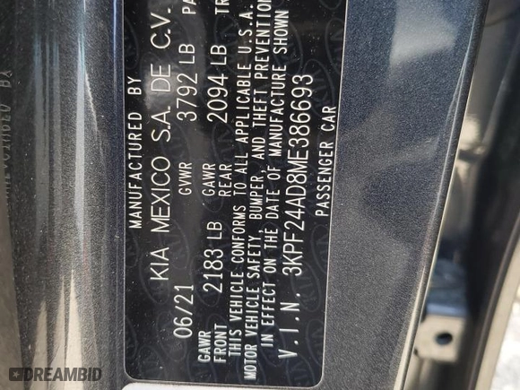 2021 Kia Forte LXS with VIN 3KPF24AD8ME386693, listed as a Copart auction lot 51935345 with 22,249 mi miles and Salvage Title. Bid and sale history available at carsss.com. Image 12.