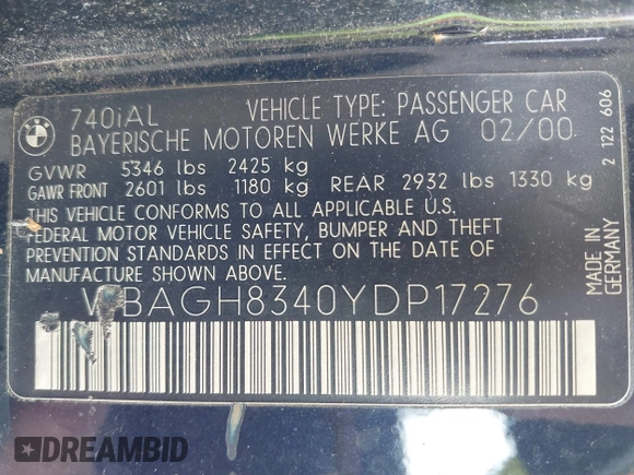 2000 BMW 7 Series 740iL with VIN WBAGH8340YDP17276, listed as a IAAI auction lot 42409461 with 185,220 mi miles and . Bid and sale history available at DreamBid. Image 9.