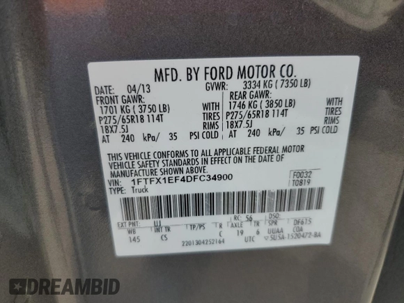 2013 Ford F-150 XL with VIN 1FTFX1EF4DFC34900, listed as a Copart auction lot 63637425 with 199,583 mi miles and Salvage title. Bid and sale history available at DreamBid. Image 13.