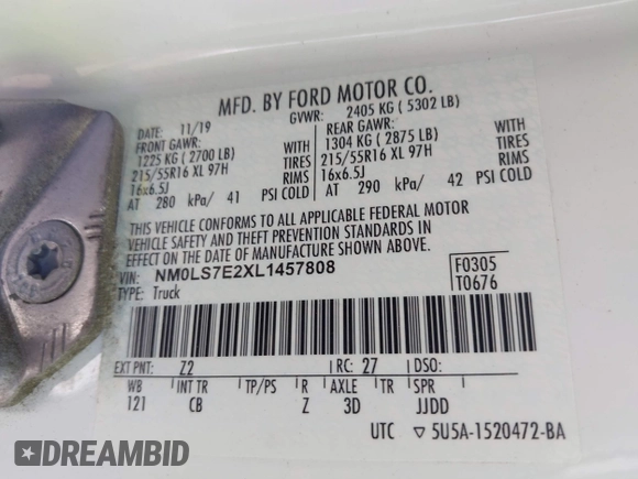 2020 Ford Transit Connect XL with VIN NM0LS7E2XL1457808, listed as a IAAI auction lot 42387564 with 135,435 mi miles and . Bid and sale history available at DreamBid. Image 8.