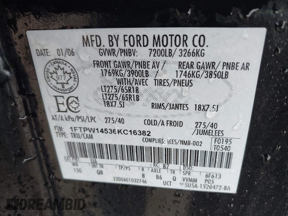 2006 Ford F-150 XLT with VIN 1FTPW14536KC16382, listed as a IAAI auction lot 41611417 with 213,054 mi miles and . Bid and sale history available at DreamBid. Image 9.