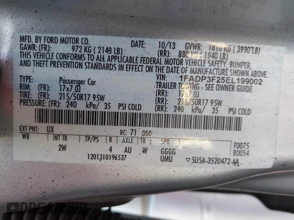 2014 Ford Focus SE with VIN 1FADP3F25EL199002, listed as a IAAI auction lot 41872781 with 150,548 mi miles. Bid and sale history available at carsss.com. Image 9.