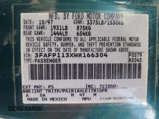 1998 Ford Escort ZX2 z VIN 3FAFP113XWR166304, wystawiony jako Copart lot #55238655 z przebiegiem 257 668 mil mil oraz Szkody całkowita. Historia ofert i sprzedaży dostępna na DreamBid. Obrazek 13.