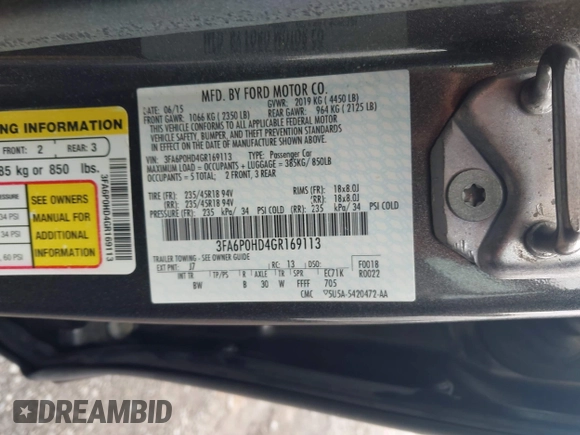 2016 Ford Fusion SE with VIN 3FA6P0HD4GR169113, listed as a IAAI auction lot 42037905 with 105,316 mi miles. Bid and sale history available at carsss.com. Image 9.
