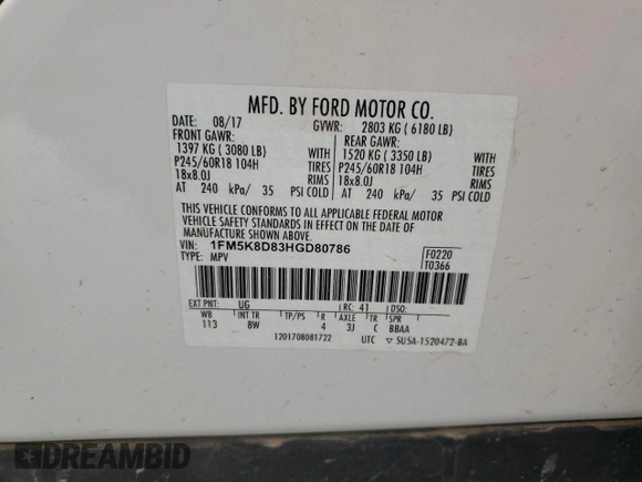 2017 Ford Explorer XLT z VIN 1FM5K8D83HGD80786, wystawiony jako Copart lot #51752085 z przebiegiem 107 287 mil mil oraz Szkoda całkowita • Salvage title. Historia ofert i sprzedaży dostępna na DreamBid. Obrazek 14.