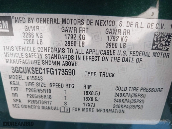 2015 Chevrolet Silverado 1500 LTZ with VIN 3GCUKSEC1FG173590, listed as a IAAI auction lot 41700436 with 117,102 mi miles. Bid and sale history available at carsss.com. Image 9.