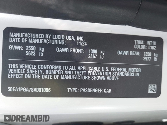 2025 Lucid Air Pure with VIN 50EA1PGA7SA001096, listed as a IAAI auction lot 41950025 with 3,502 mi miles. Bid and sale history available at carsss.com. Image 9.