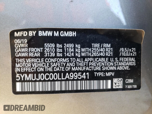 2020 BMW X4 M z VIN 5YMUJ0C00LLA99541, wystawiony jako Copart lot #69965383 z przebiegiem Nie podano mil oraz . Historia ofert i sprzedaży dostępna na DreamBid. Obrazek 12.