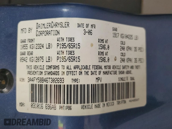 2006 Chrysler PT Cruiser Touring with VIN 3A4FY58B46T302693, listed as a Copart auction lot 56249615 with 139,073 mi miles and Clean Title. Bid and sale history available at DreamBid. Image 12.