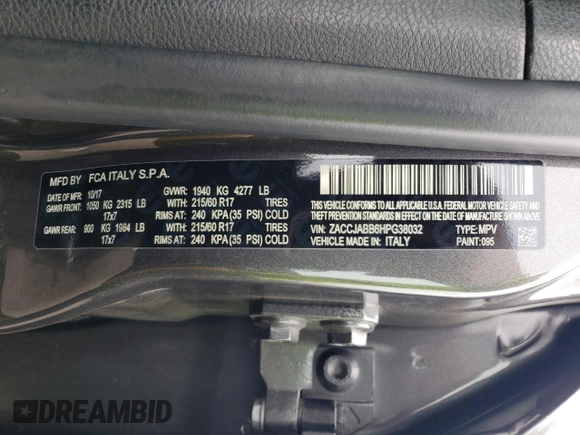2017 Jeep Renegade Altitude with VIN ZACCJABB6HPG38032, listed as a Copart auction lot 57104715 with 131,692 mi miles and Salvage title. Bid and sale history available at DreamBid. Image 12.