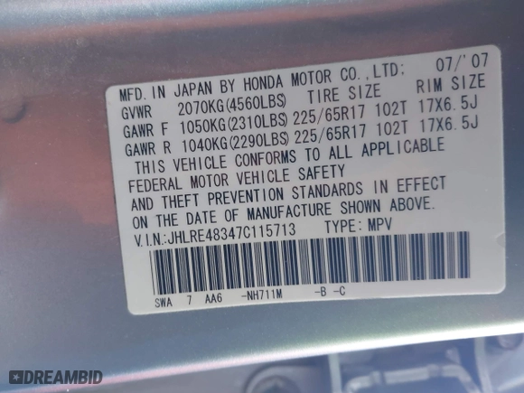 2007 Honda CR-V LX with VIN JHLRE48347C115713, listed as a IAAI auction lot 41822191 with 184,483 mi miles. Bid and sale history available at carsss.com. Image 9.