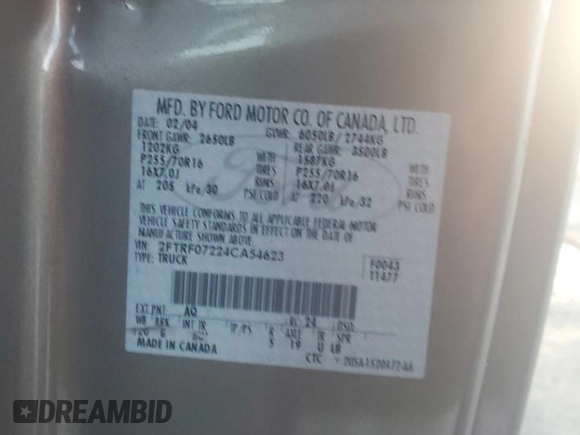 2004 Ford F-150 XL with VIN 2FTRF07224CA54623, listed as a Copart auction lot 73820434 with Not provided miles and Non repairable. Bid and sale history available at DreamBid. Image 13.
