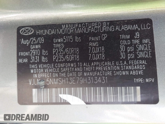 2009 Hyundai Santa Fe Limited with VIN 5NMSH13E79H313431, listed as a IAAI auction lot 42463227 with 153,784 mi miles and . Bid and sale history available at DreamBid. Image 9.