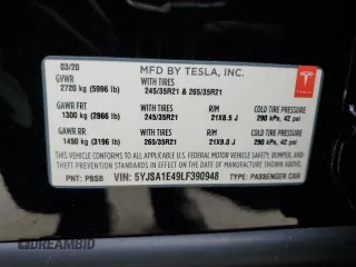 2020 Tesla Model S Performance with VIN 5YJSA1E49LF390948, listed as a Copart auction lot 47313715 with 95,143 mi miles and Salvage title. Bid and sale history available at DreamBid. Image 15.