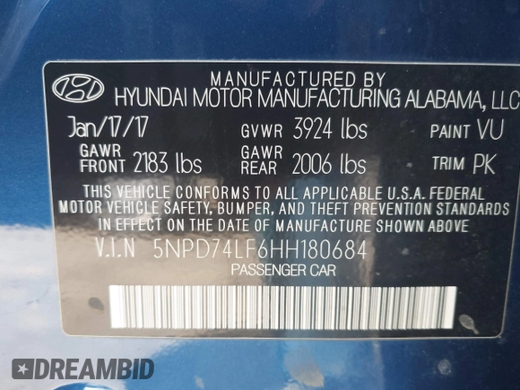 2017 Hyundai Elantra SE z VIN 5NPD74LF6HH180684, wystawiony jako IAAI lot #42359575 z przebiegiem 68 339 mil mil oraz . Historia ofert i sprzedaży dostępna na DreamBid. Obrazek 9.