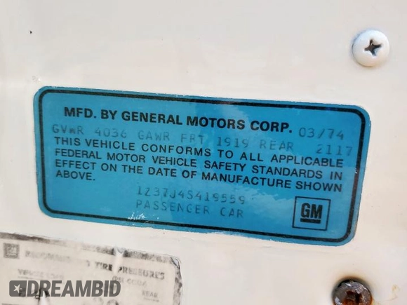 1974 Chevrolet Corvette with VIN 1Z37J4S419559, listed as a Copart auction lot 61386825 with 29,975 mi miles and Salvage title. Bid and sale history available at DreamBid. Image 12.