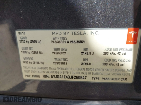 2018 Tesla Model S 75D with VIN 5YJSA1E43JF260547, listed as a IAAI auction lot 42346240 with 89,637 mi miles and . Bid and sale history available at DreamBid. Image 9.