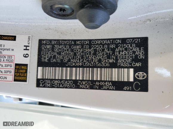 2022 Toyota Prius L Eco with VIN JTDKAMFU5N3156306, listed as a Copart auction lot 49996065 with 82,549 mi miles and Salvage Title. Bid and sale history available at carsss.com. Image 14.