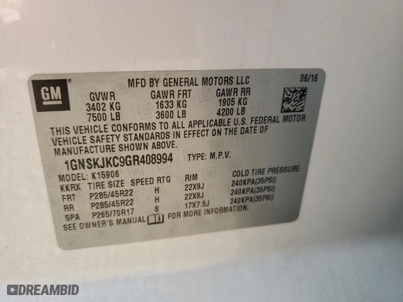 2016 Chevrolet Suburban LTZ with VIN 1GNSKJKC9GR408994, listed as a Copart auction lot 46445695 with 89,096 mi miles and Salvage Title. Bid and sale history available at carsss.com. Image 14.