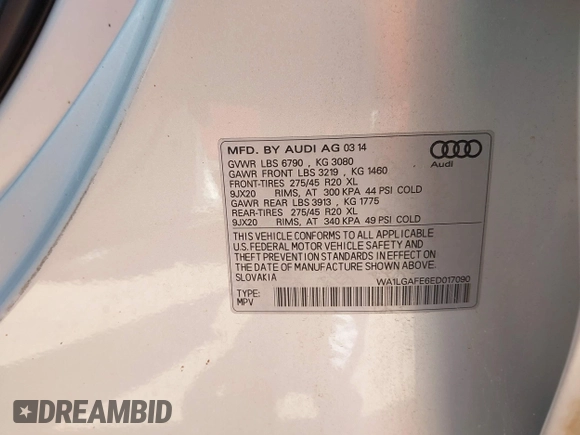 2014 Audi Q7 Premium Plus with VIN WA1LGAFE6ED017090, listed as a IAAI auction lot 42578109 with 145,357 mi miles and . Bid and sale history available at DreamBid. Image 9.