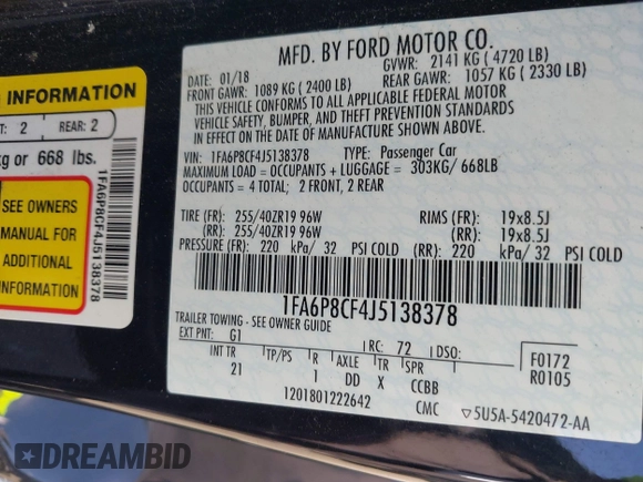 2018 Ford Mustang GT with VIN 1FA6P8CF4J5138378, listed as a IAAI auction lot 42054641 with 50,984 mi miles and . Bid and sale history available at DreamBid. Image 9.