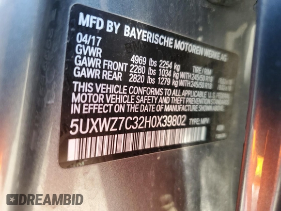 2017 BMW X3 sDrive28i with VIN 5UXWZ7C32H0X39802, listed as a Copart auction lot 51537545 with 135,379 mi miles and Salvage Title. Bid and sale history available at carsss.com. Image 14.