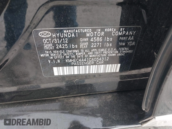 2012 Hyundai Sonata Hybrid with VIN KMHEC4A41CA054312, listed as a IAAI auction lot 42124397 with 49,581 mi miles and . Bid and sale history available at DreamBid. Image 9.