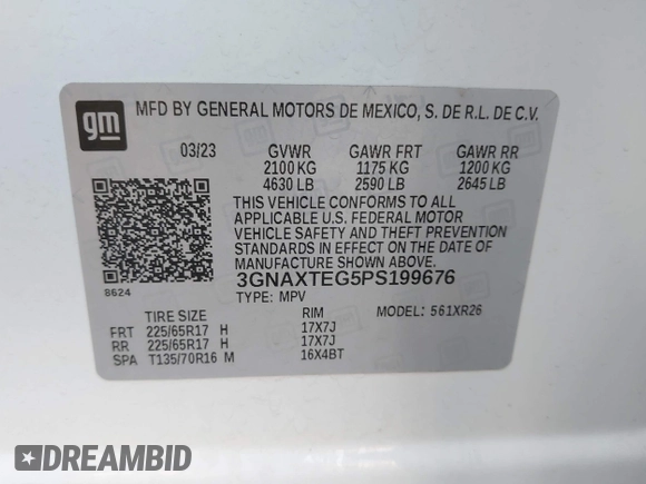 2023 Chevrolet Equinox LT with VIN 3GNAXTEG5PS199676, listed as a IAAI auction lot 42091780 with 26,530 mi miles and . Bid and sale history available at DreamBid. Image 9.