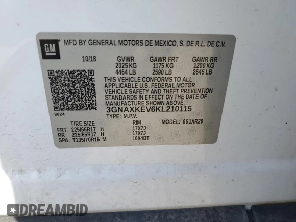 2019 Chevrolet Equinox LT with VIN 3GNAXKEV6KL210115, listed as a Copart auction lot 52779625 with 123,594 mi miles and Salvage Title. Bid and sale history available at DreamBid. Image 14.