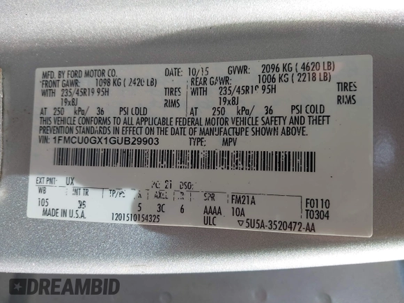 2016 Ford Escape SE with VIN 1FMCU0GX1GUB29903, listed as a IAAI auction lot 42066559 with 156,689 mi miles and . Bid and sale history available at carsss.com. Image 9.