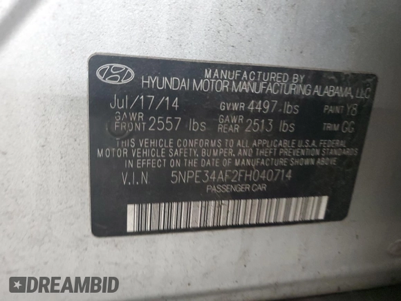 2015 Hyundai Sonata Limited with VIN 5NPE34AF2FH040714, listed as a Copart auction lot 55464585 with 162,231 mi miles and Clean Title. Bid and sale history available at carsss.com. Image 12.
