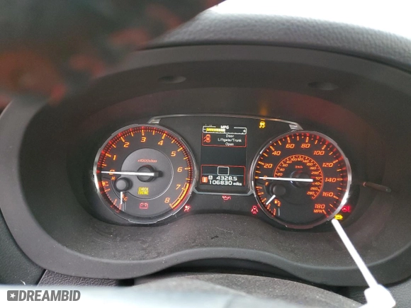 2015 Subaru WRX Premium with VIN JF1VA1D6XF9821026, listed as a Copart auction lot 43850745 with 106,830 mi miles and Salvage Title. Bid and sale history available at carsss.com. Image 9.